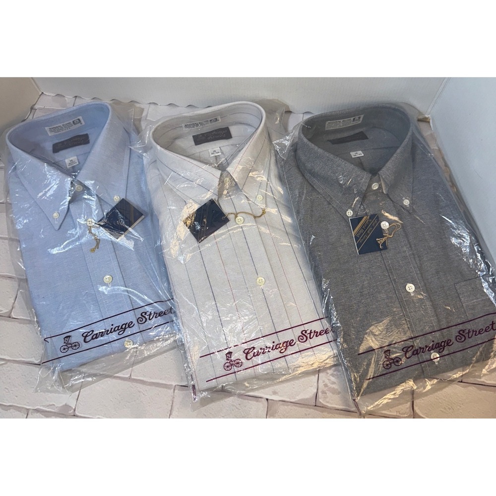 Lot of 3 Carriage Street‎ Mens Dress Shirts Vintage NIP Blue White Grey 16 32/33